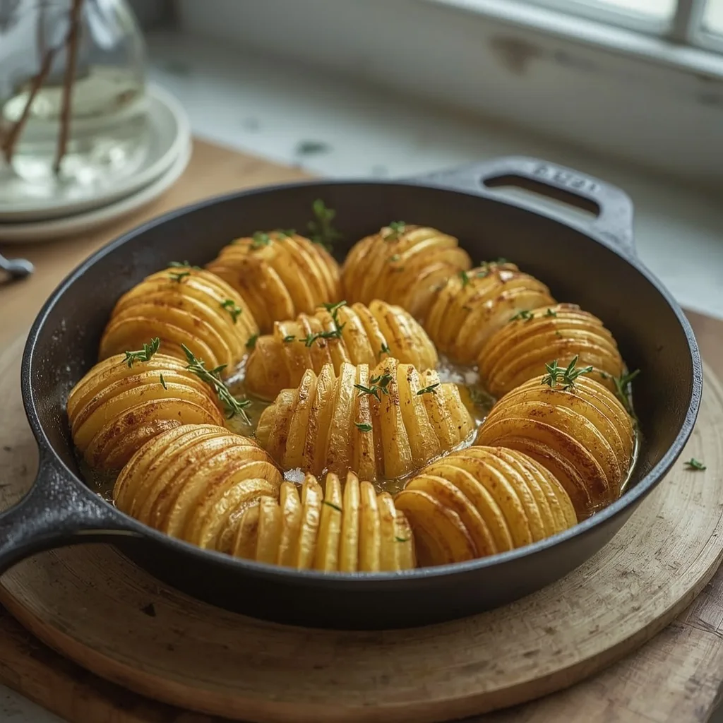 Hasselback potatoes with thyme in a cast iron pan