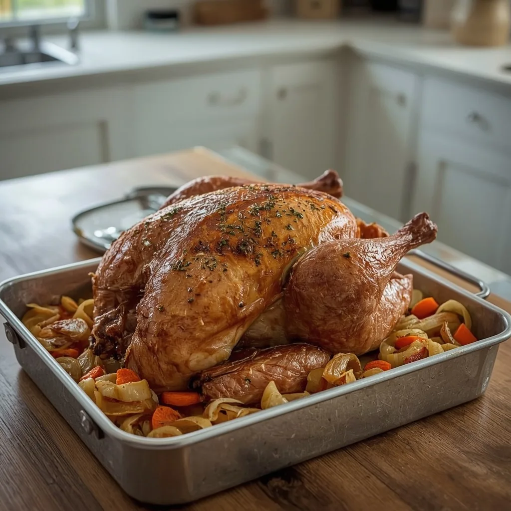 Herb and garlic butter roast turkey on roasted onions and carrots