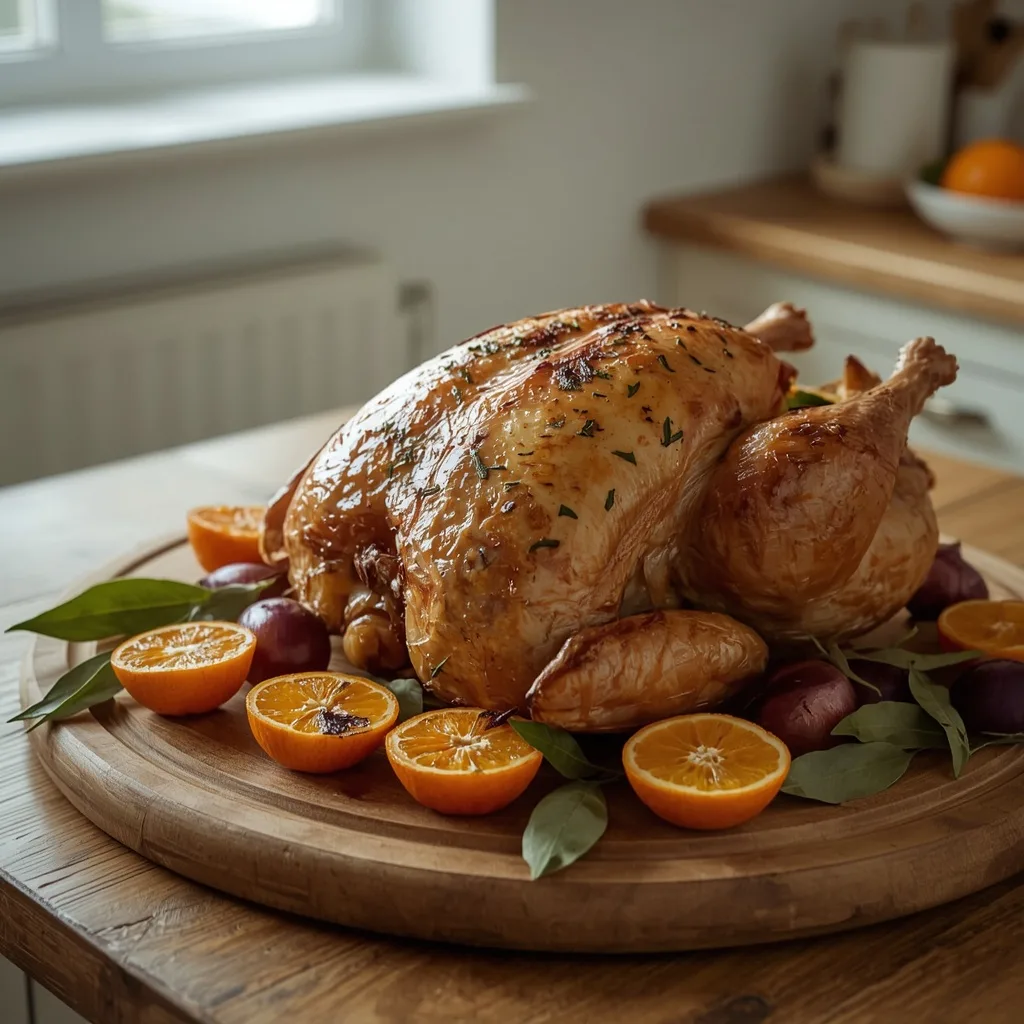 Herby roast turkey with charred clementines on a wooden board