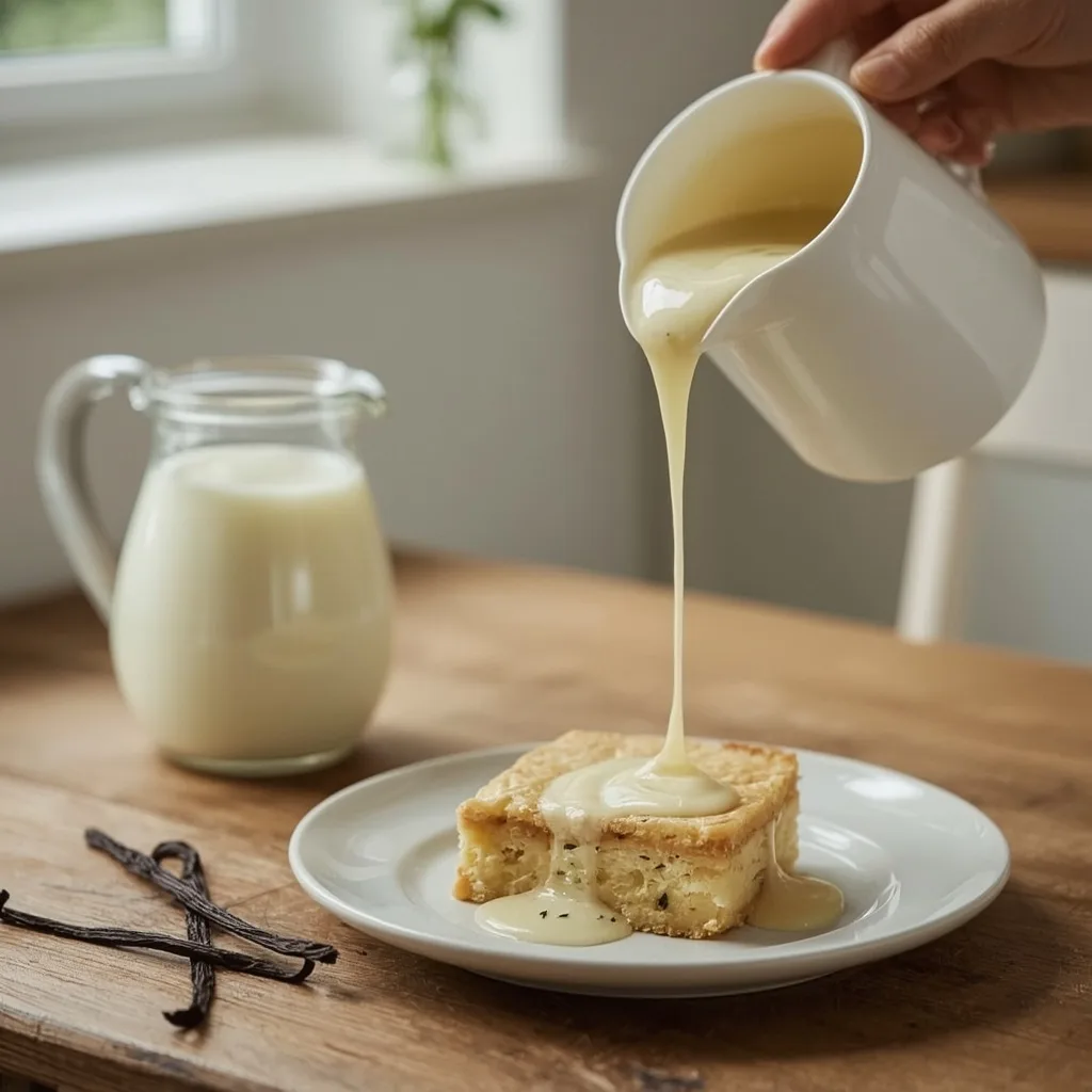 Homemade vanilla custard in a jug with vanilla seeds