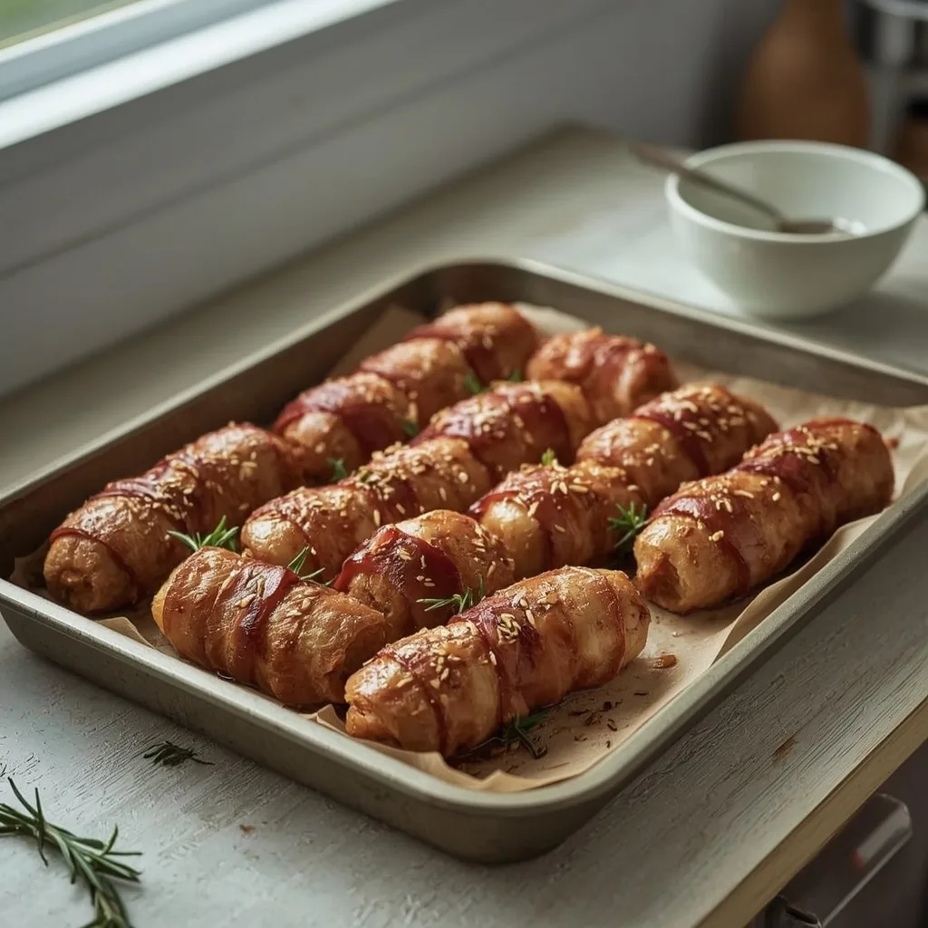 Honey-glazed chicken chipolatas wrapped in turkey bacon with rosemary