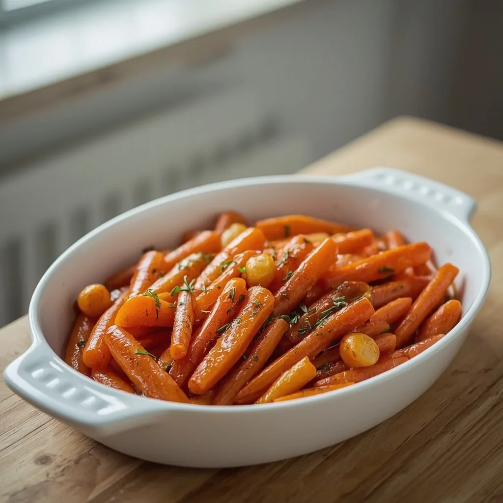 Honey-glazed carrots and parsnips in a white serving dish with thyme