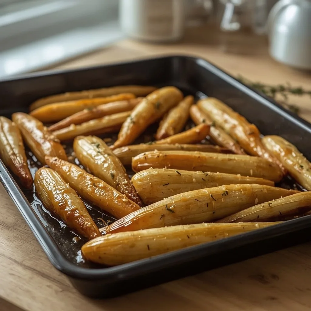 Honey and mustard glazed parsnips on a baking tray