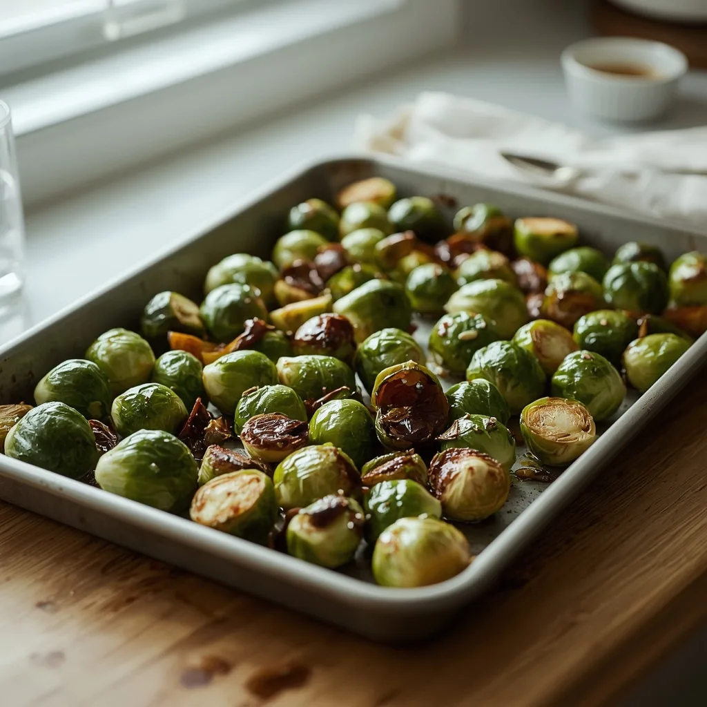 Honey and mustard roasted Brussels sprouts on a baking tray