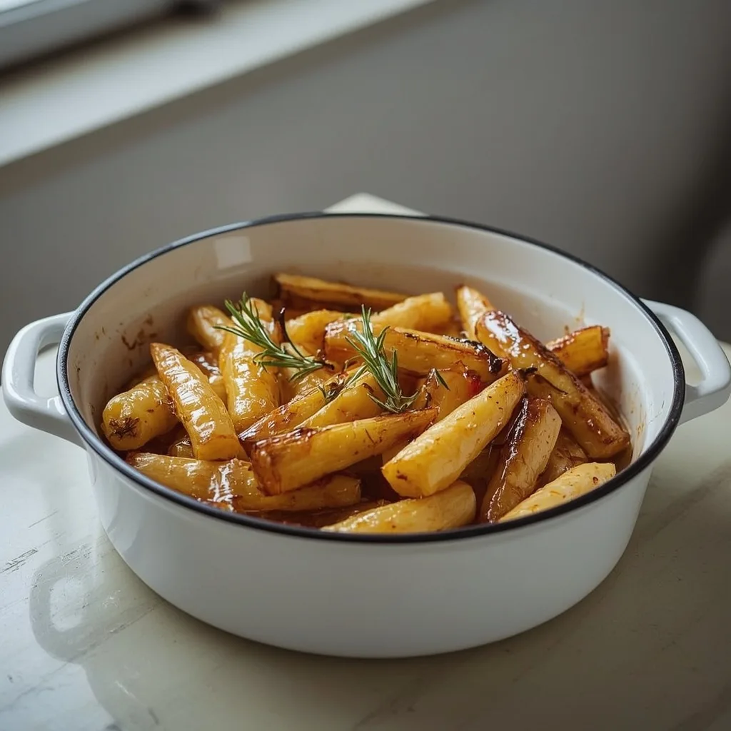 Honey-roast parsnips with caramelised tips in an enamel dish