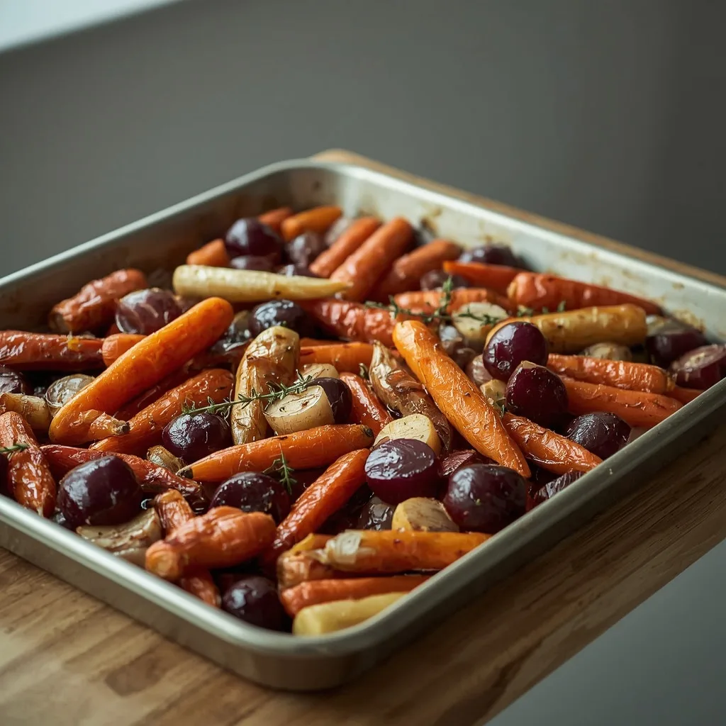 Honey and thyme roasted root vegetable traybake