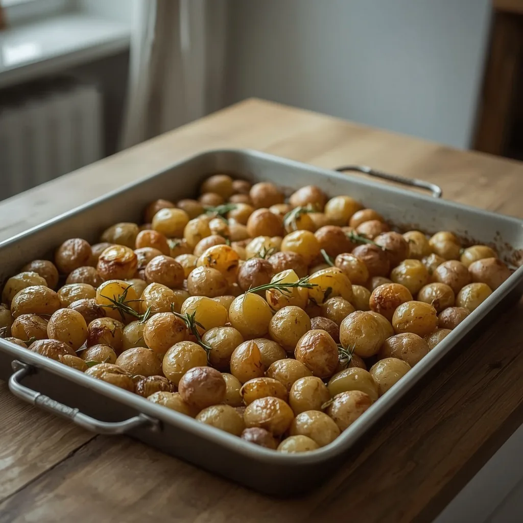 Huge tray of crispy roast potatoes with garlic and rosemary