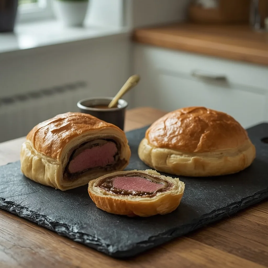 Two individual beef Wellingtons, one cut to show pink fillet