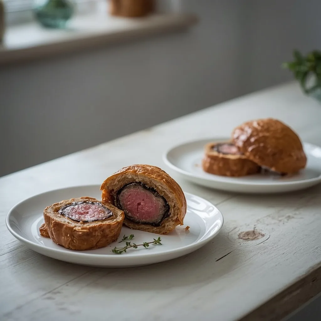 Two individual beef Wellingtons, one cut in half