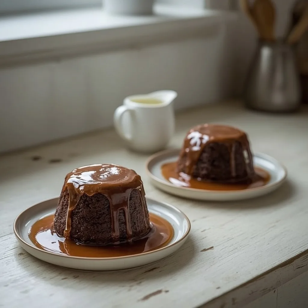 Two individual sticky toffee puddings with toffee sauce and cream