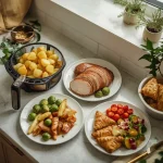 Air fryer Christmas recipes including turkey breast, roast potatoes, sprouts, parsnips and salmon