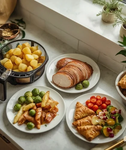 Air fryer Christmas recipes including turkey breast, roast potatoes, sprouts, parsnips and salmon