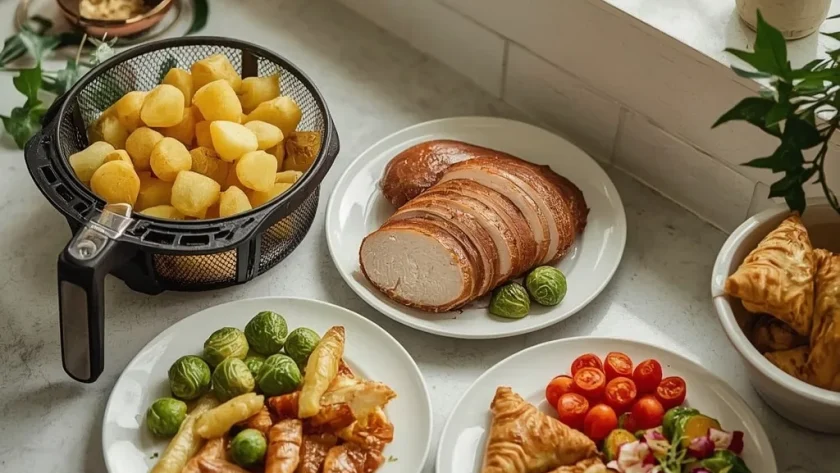 Air fryer Christmas recipes including turkey breast, roast potatoes, sprouts, parsnips and salmon
