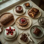 Chocolate desserts for Christmas including yule log, tart, brownies, pavlova and fudge cake