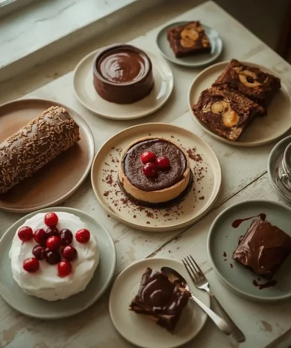Chocolate desserts for Christmas including yule log, tart, brownies, pavlova and fudge cake