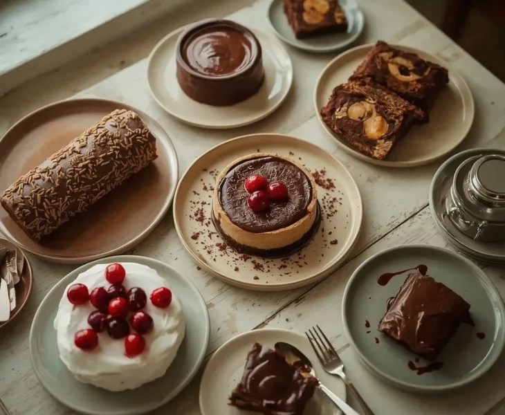 Chocolate desserts for Christmas including yule log, tart, brownies, pavlova and fudge cake