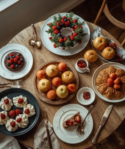 Christmas desserts including yule log, pavlova wreath, chocolate tart, crumble and cheesecake