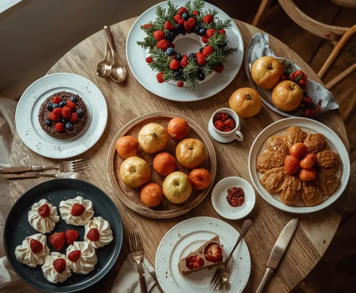 Christmas desserts including yule log, pavlova wreath, chocolate tart, crumble and cheesecake