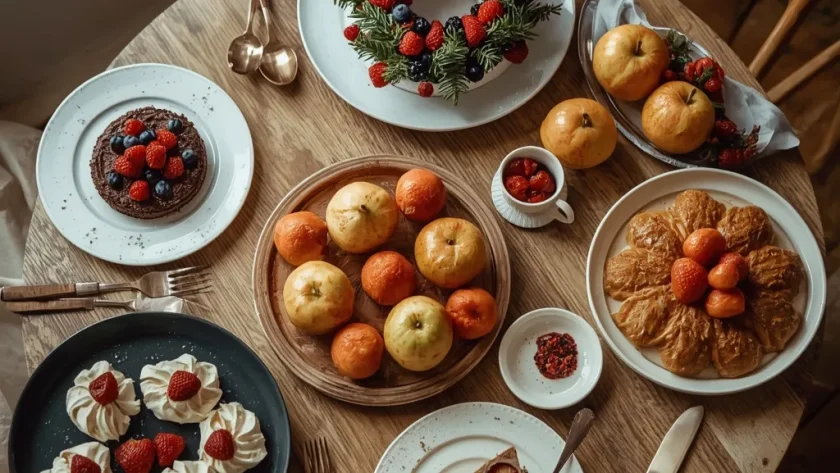 Christmas desserts including yule log, pavlova wreath, chocolate tart, crumble and cheesecake