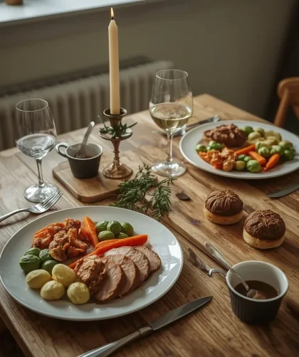 Christmas dinner for two with turkey breast, Wellingtons, vegetables and chocolate pots