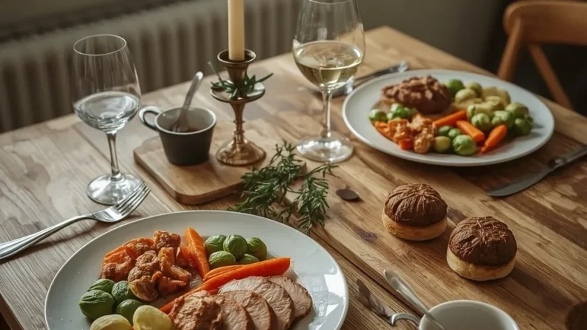 Christmas dinner for two with turkey breast, Wellingtons, vegetables and chocolate pots