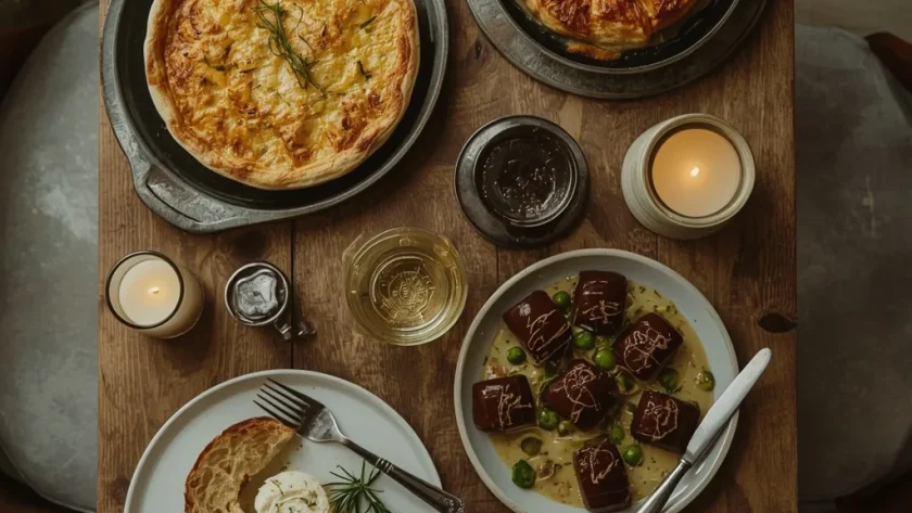 Christmas Eve dinner with fish pie, baked camembert, chicken pie and chocolate fondants