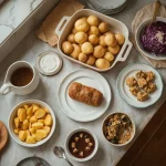 Make-ahead Christmas dishes including gravy, potatoes, red cabbage, stuffing, trifle and chocolate torte