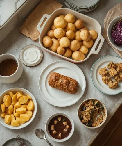 Make-ahead Christmas dishes including gravy, potatoes, red cabbage, stuffing, trifle and chocolate torte