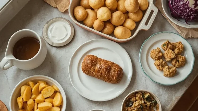 Make-ahead Christmas dishes including gravy, potatoes, red cabbage, stuffing, trifle and chocolate torte
