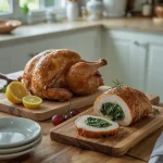 Turkey crown and stuffed turkey breast on a carving board with herbs