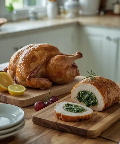 Turkey crown and stuffed turkey breast on a carving board with herbs