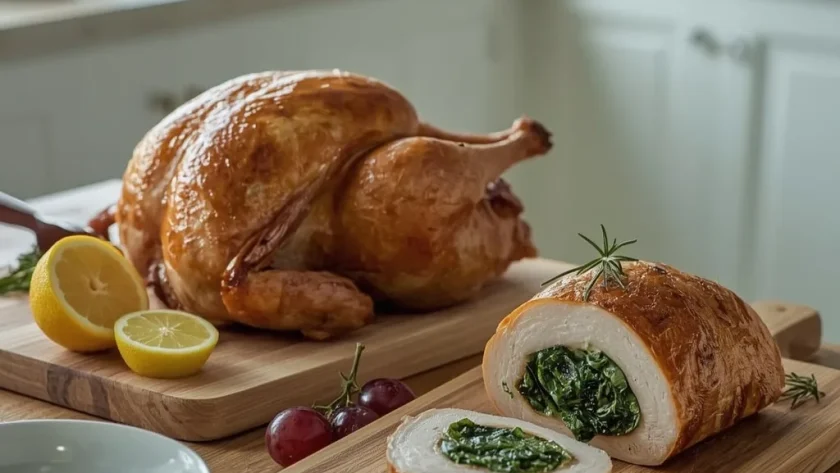 Turkey crown and stuffed turkey breast on a carving board with herbs