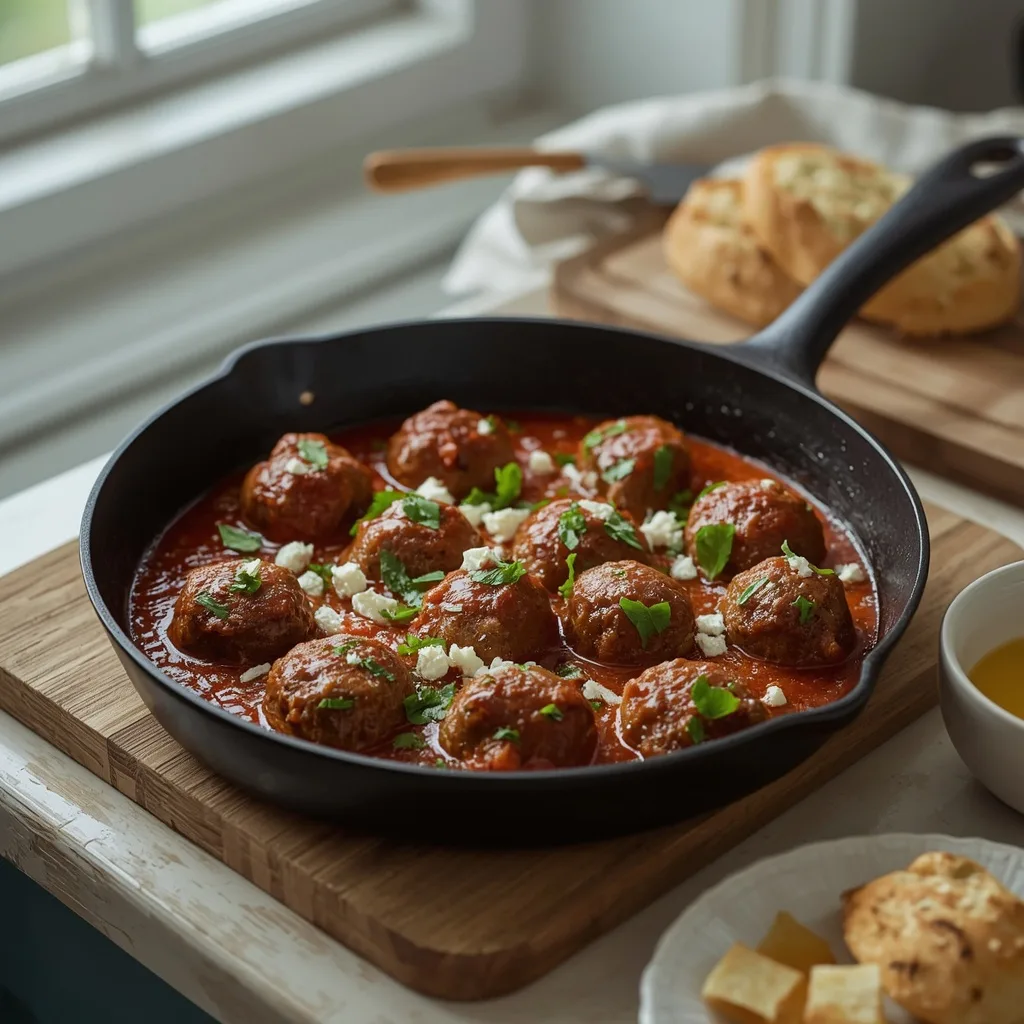 Lamb meatballs in tomato sauce with feta and mint