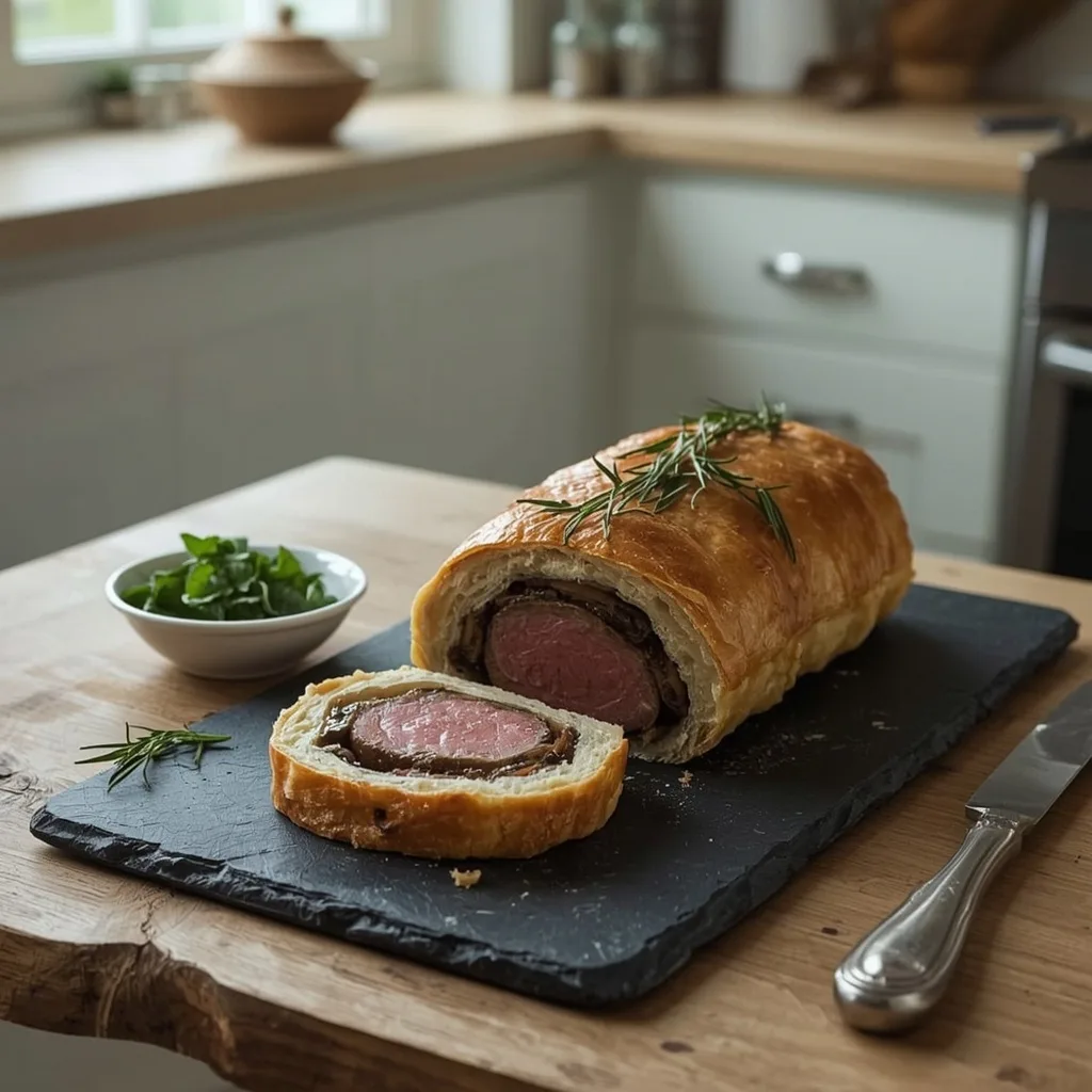 Lamb Wellington with rosemary mushrooms sliced on a slate board