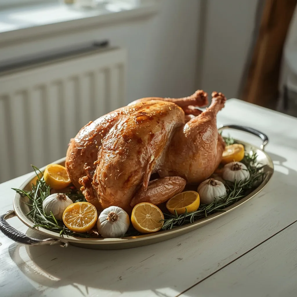 Lemon, garlic and rosemary turkey crown on an oval platter