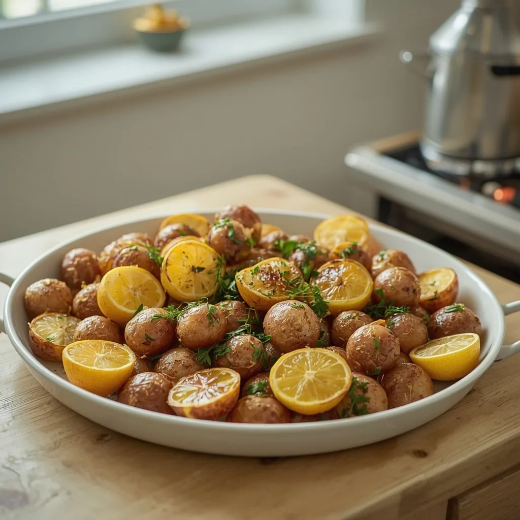 Lemon and herb roast potatoes with roasted lemon halves