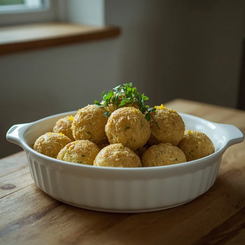 Lemon, thyme and parsley stuffing balls in a white dish