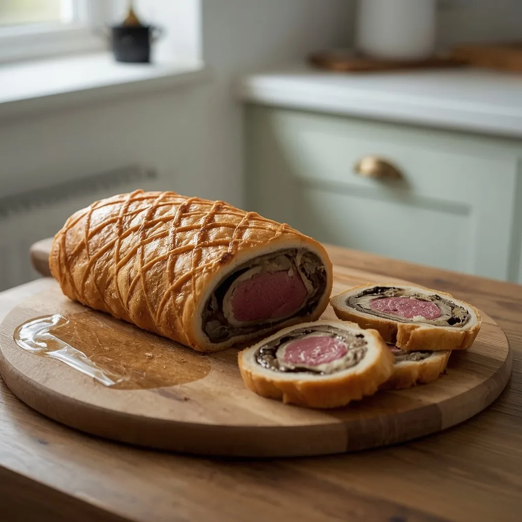 Make-ahead beef Wellington sliced on a board