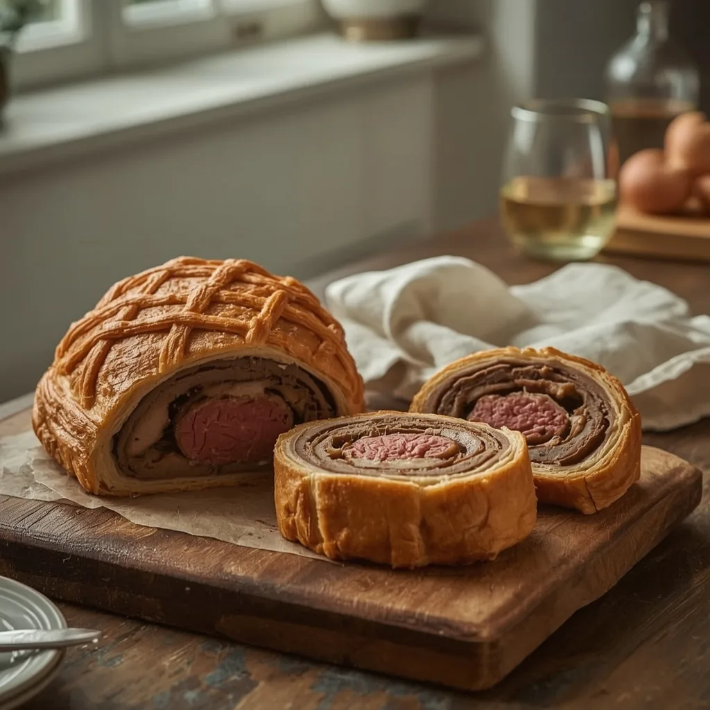Make-ahead beef Wellington with a pastry lattice and two slices cut
