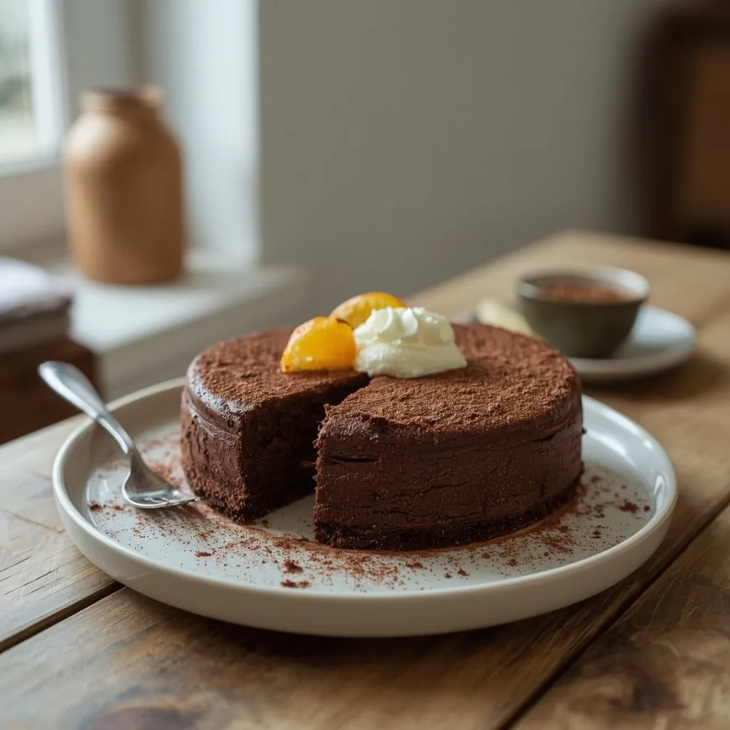 Chocolate torte with a slice cut and crème fraîche
