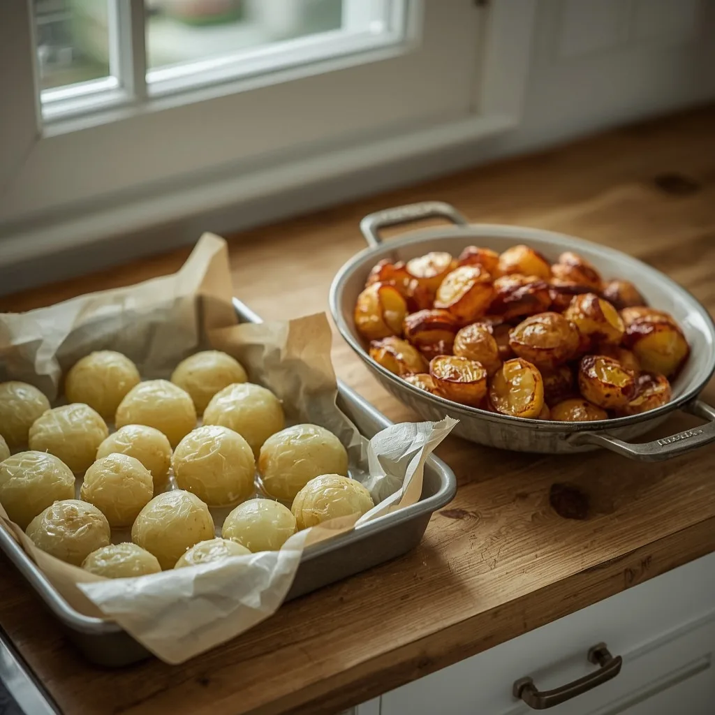 Make-ahead roast potatoes shown frozen and then roasted until golden