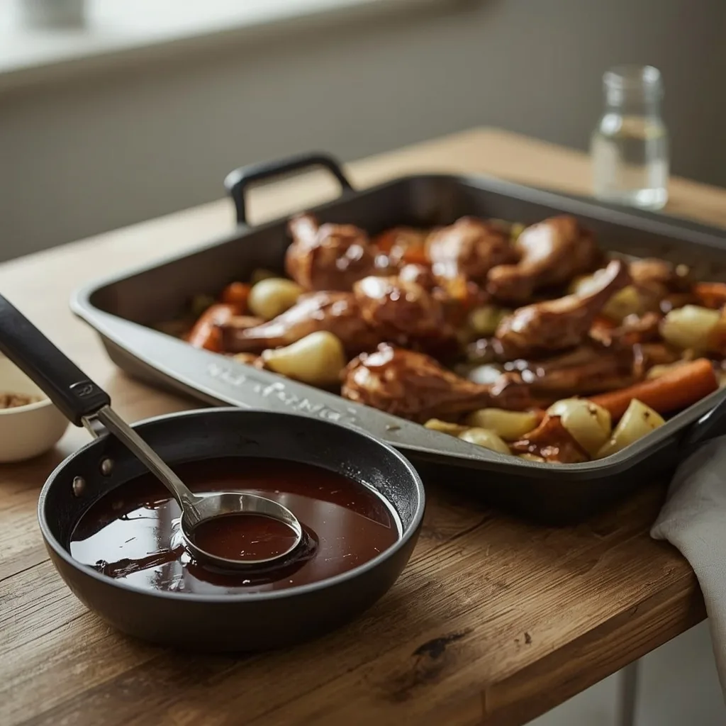 Make-ahead gravy with roasted chicken wings and vegetables