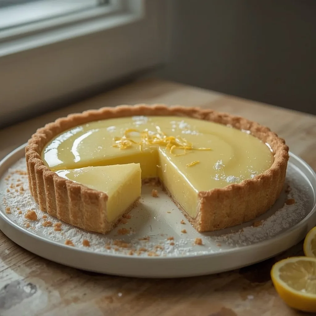 Lemon tart with a slice cut and icing sugar
