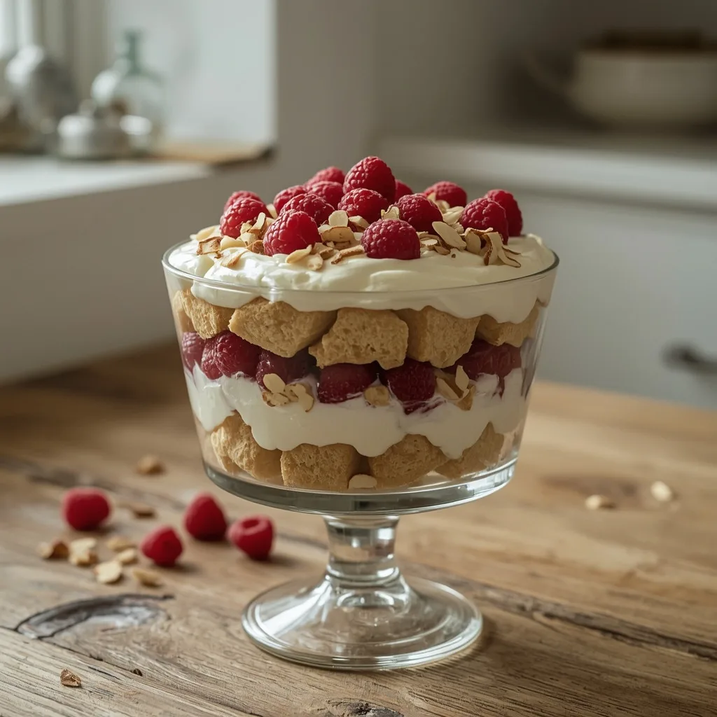 Make-ahead raspberry trifle in a glass bowl