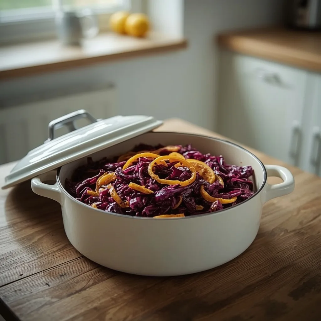 Make-ahead red cabbage with clementine in a casserole