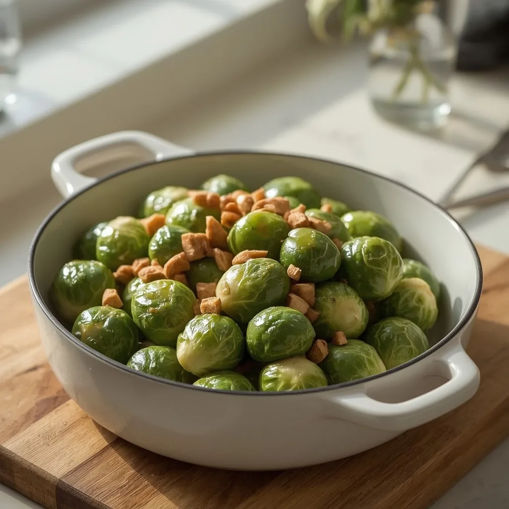 Brussels sprouts with chestnut butter in a serving dish