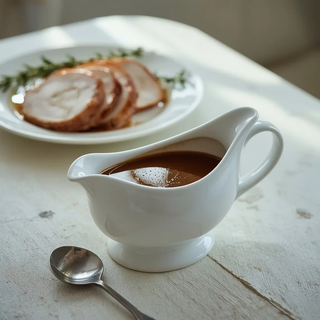 Rich make-ahead turkey gravy in a white gravy boat