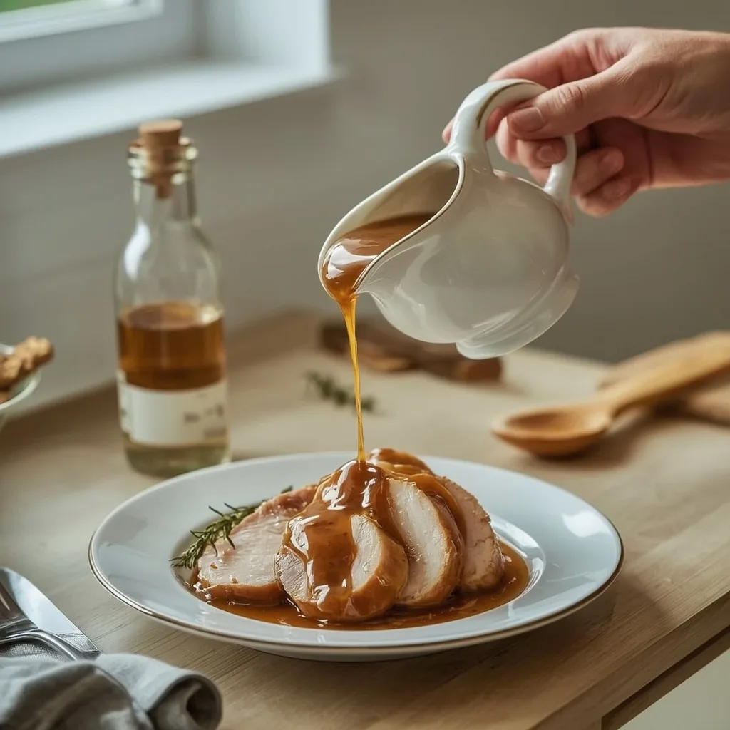 White gravy boat of rich turkey gravy beside sliced roast turkey