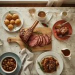 Christmas beef dishes including roast rib of beef, Yorkshire puddings, beef Wellington and short ribs