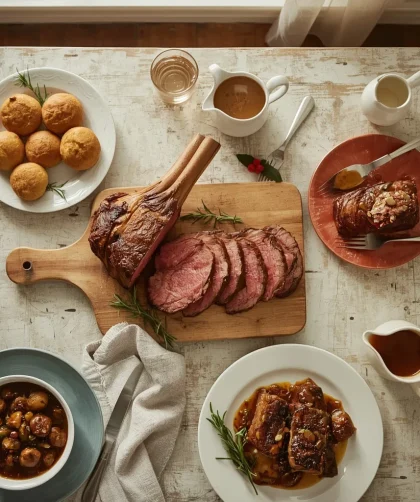 Christmas beef dishes including roast rib of beef, Yorkshire puddings, beef Wellington and short ribs